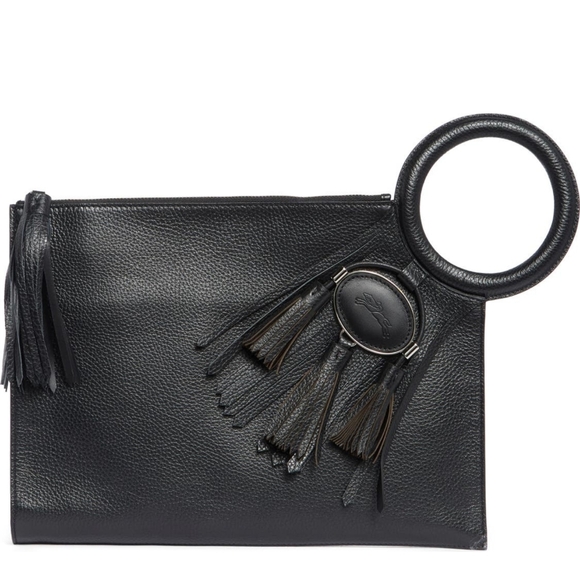 Sold Out Longchamp Trendy Black Leather Clutch Tassel Statment Purse Italy - Picture 3 of 7